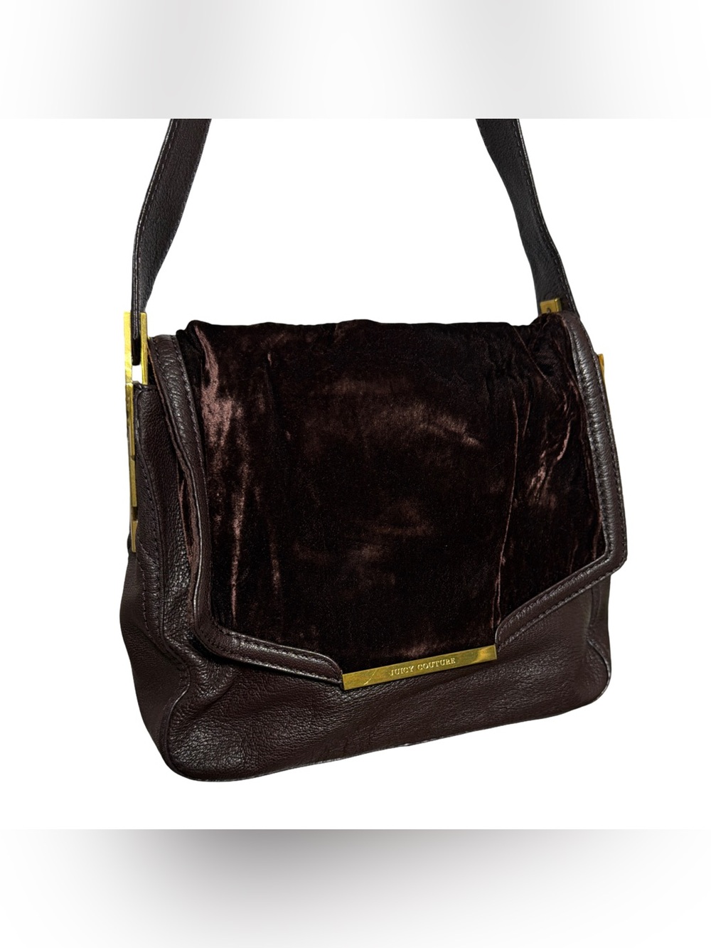 Juicy Couture • Deco Glam Shelby Velvet & Leather Flap Satchel Bag Brown SAMPLE